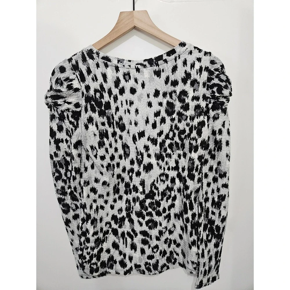 Loft Womens Medium Animal‎ Print Puff Shoulder Long Sleeve Knit Top Black White